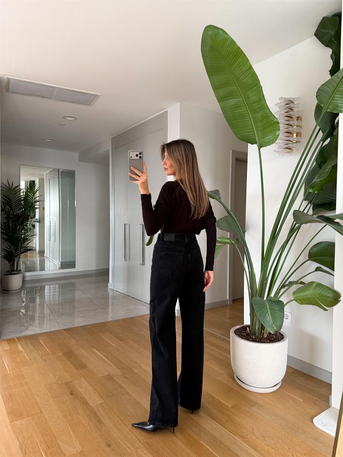 Pierce Taşlı Wide Leg Jean - Siyah