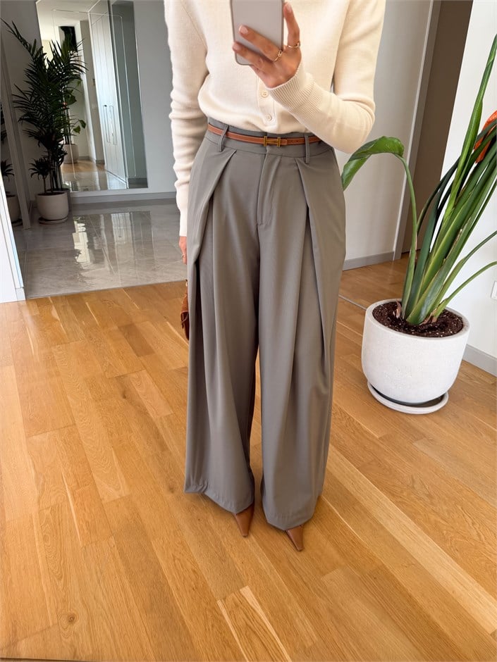 Pile Detaylı Kumaş Pantolon - Haki