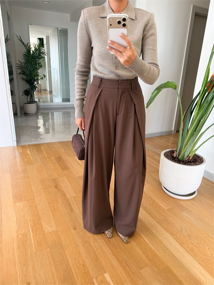 Pile Detaylı Kumaş Pantolon - Kahve