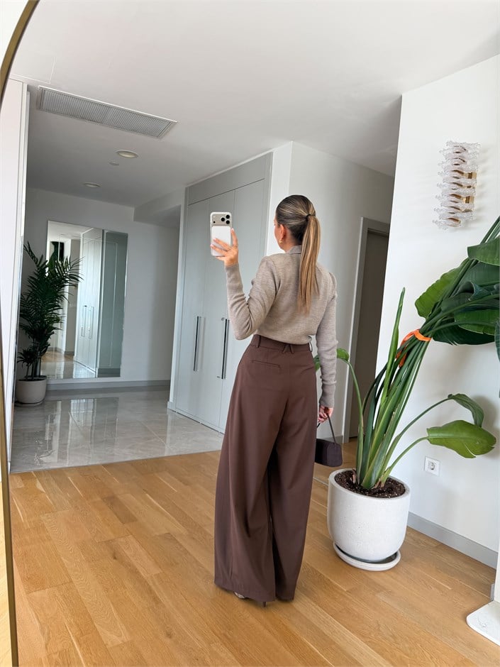 Pile Detaylı Kumaş Pantolon - Kahve