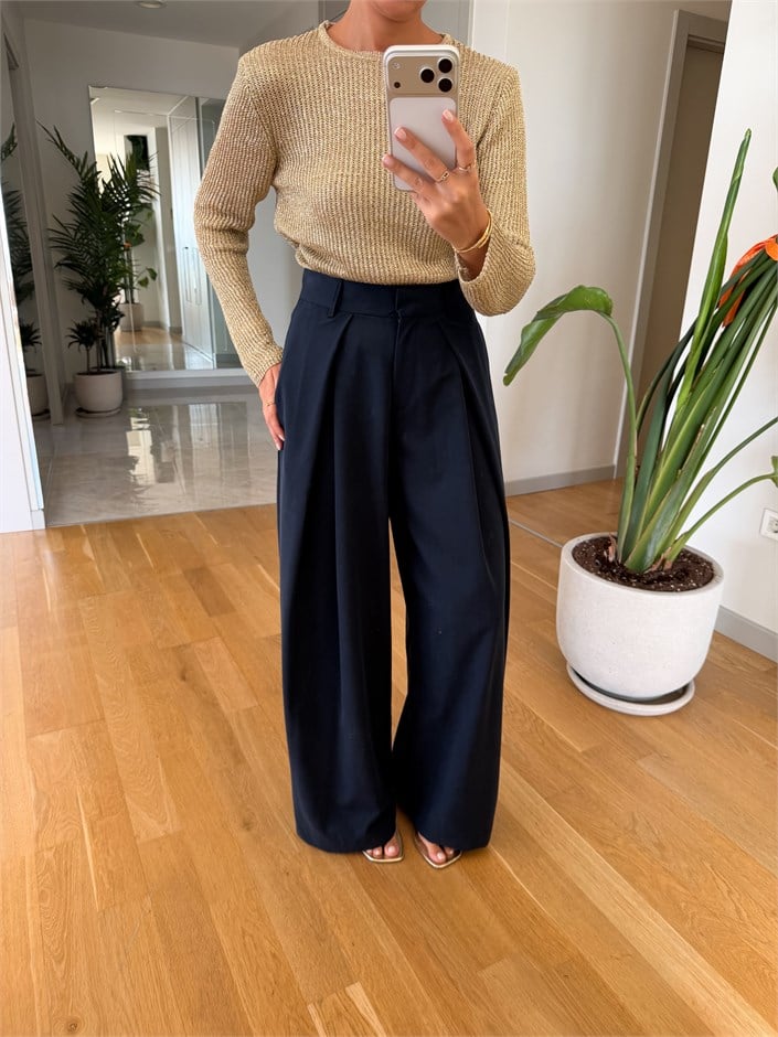 Pile Detaylı Kumaş Pantolon - Lacivert