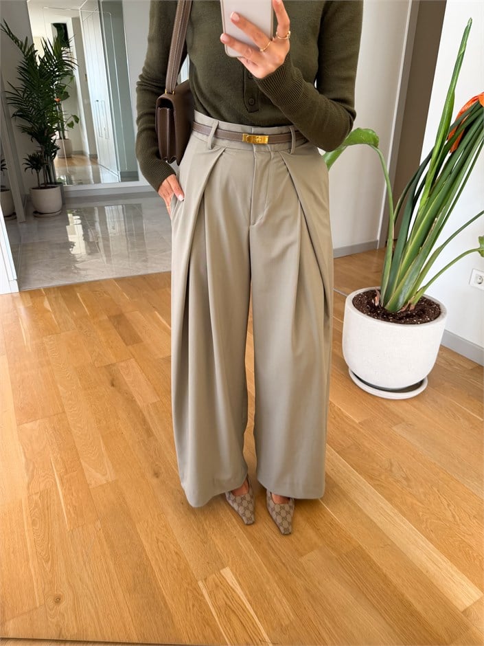Pile Detaylı Kumaş Pantolon - Bej