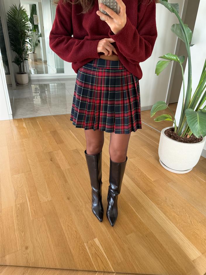 Pileli Ekose Desenli Mini Etek 