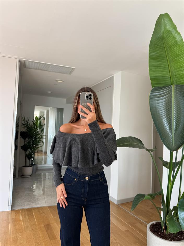 Pileli Yaka Triko Kazak - Antrasit 