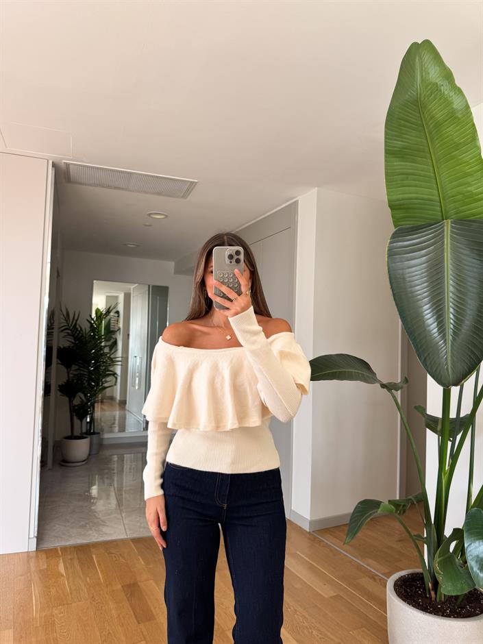 Pileli Yaka Triko Kazak - Ekru 