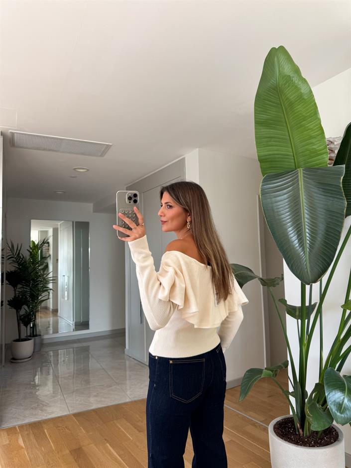 Pileli Yaka Triko Kazak - Ekru 