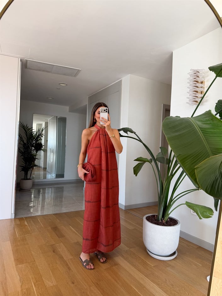 Polka Halter Yaka Elbise -Kiremit