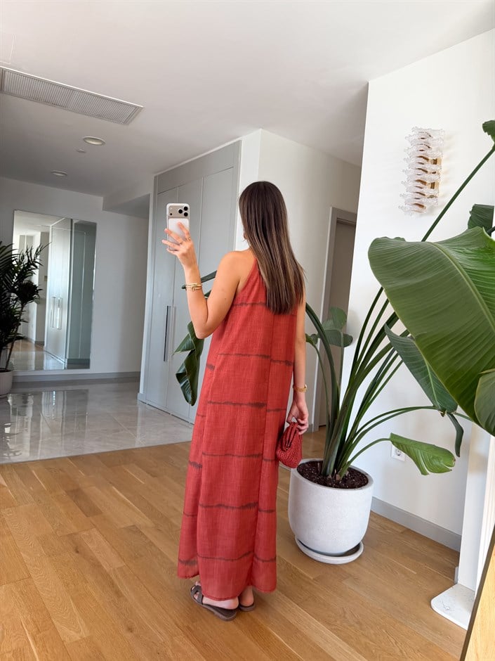 Polka Halter Yaka Elbise -Kiremit