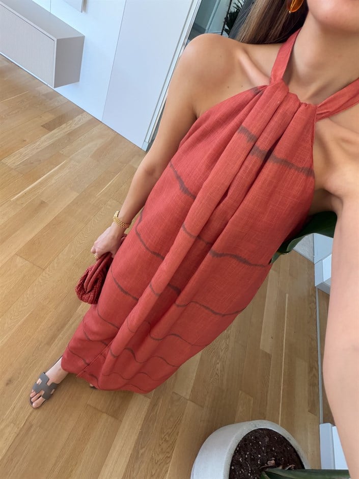 Polka Halter Yaka Elbise -Kiremit