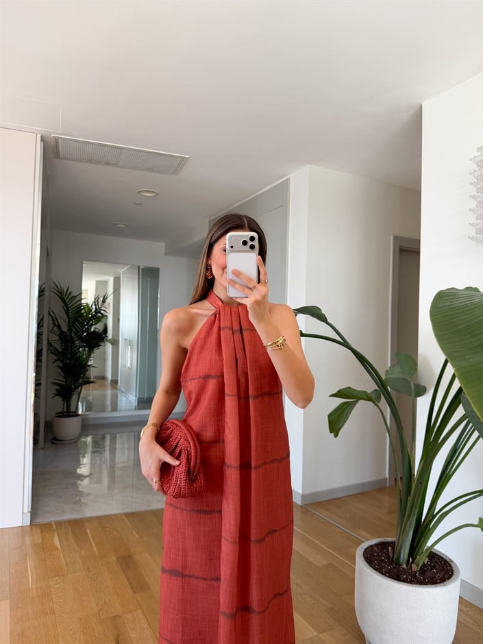 Polka Halter Yaka Elbise -Kiremit