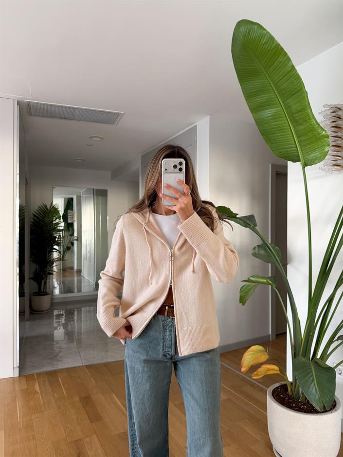 Polly Kapşonlu Triko Hırka - Vanilya