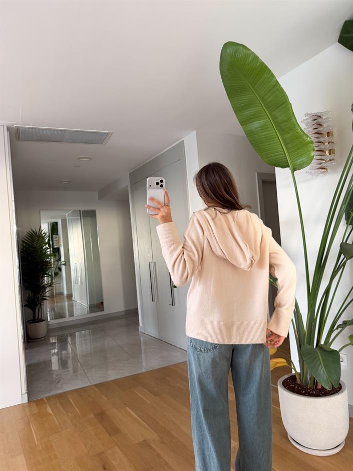 Polly Kapşonlu Triko Hırka - Vanilya