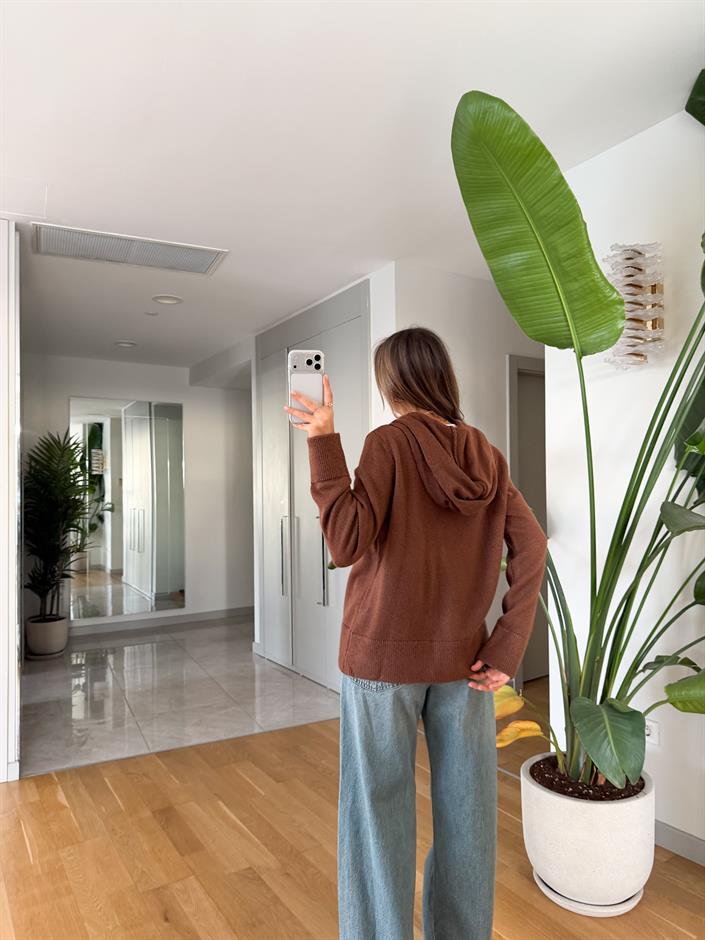 Polly Kapşonlu Triko Hırka - Kahve