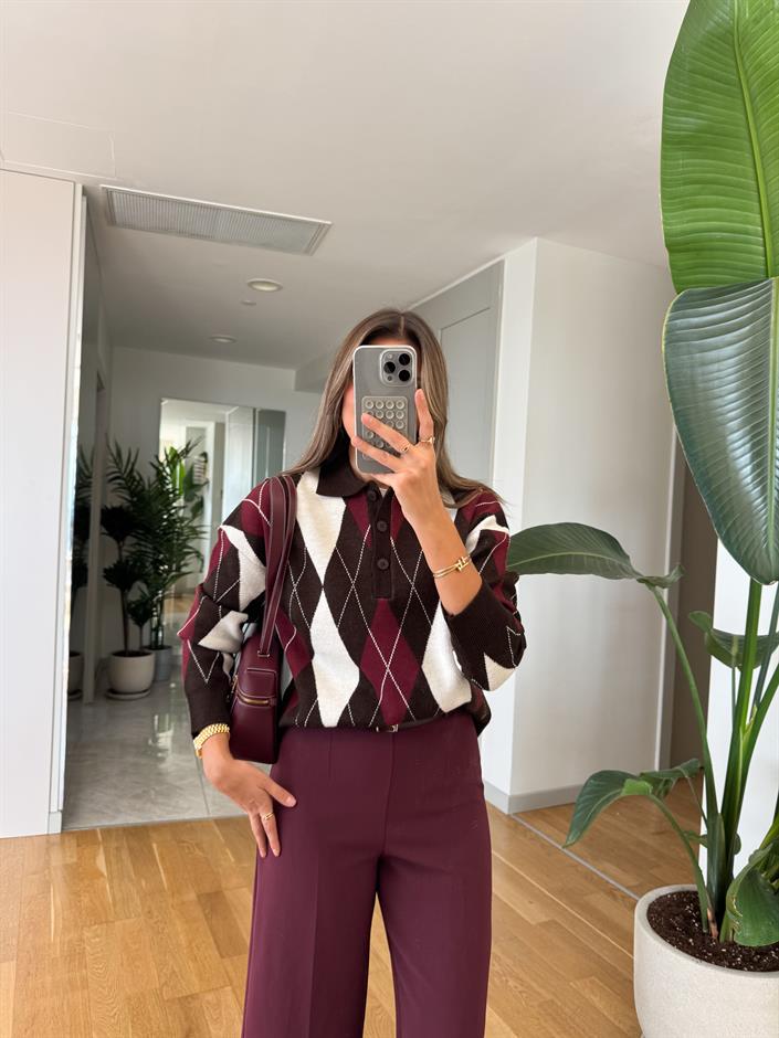 Polo Yaka Baklava Desenli Kazak - Kahve