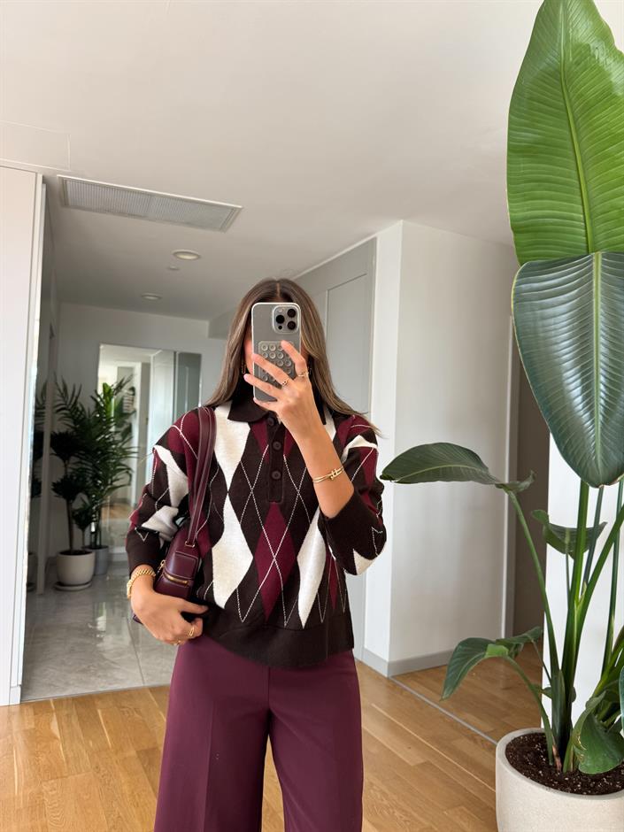 Polo Yaka Baklava Desenli Kazak - Kahve