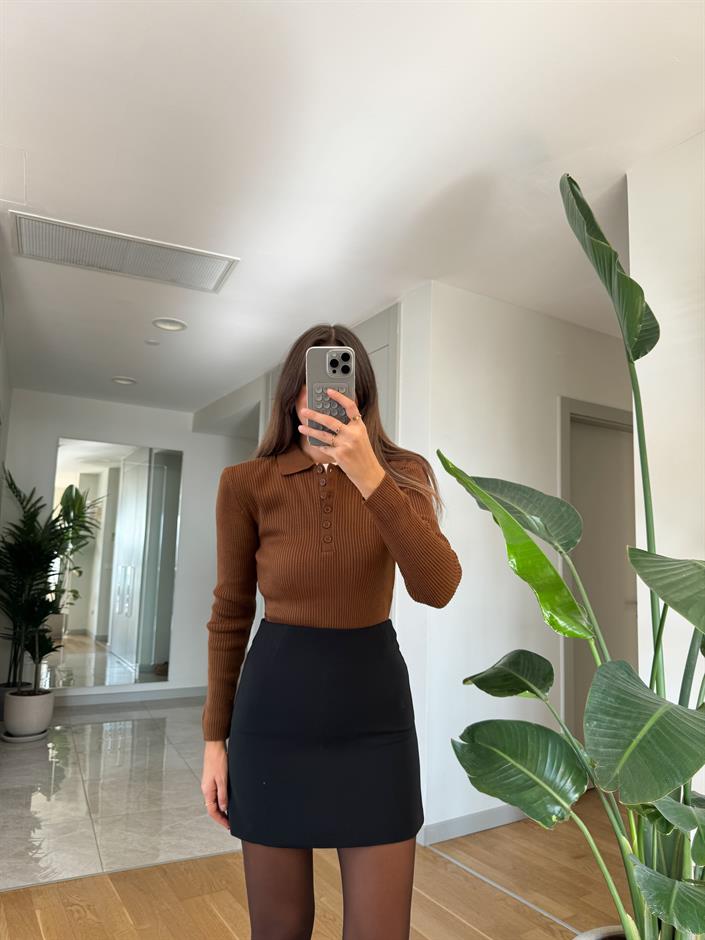 Polo Yaka Fitilli Triko-Açık Kahve