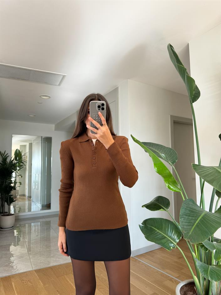 Polo Yaka Fitilli Triko-Açık Kahve