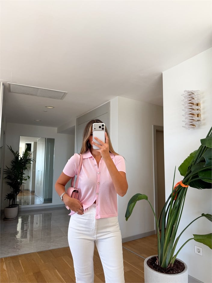 Polo Yaka Kısa Kollu Triko Hırka - Pembe