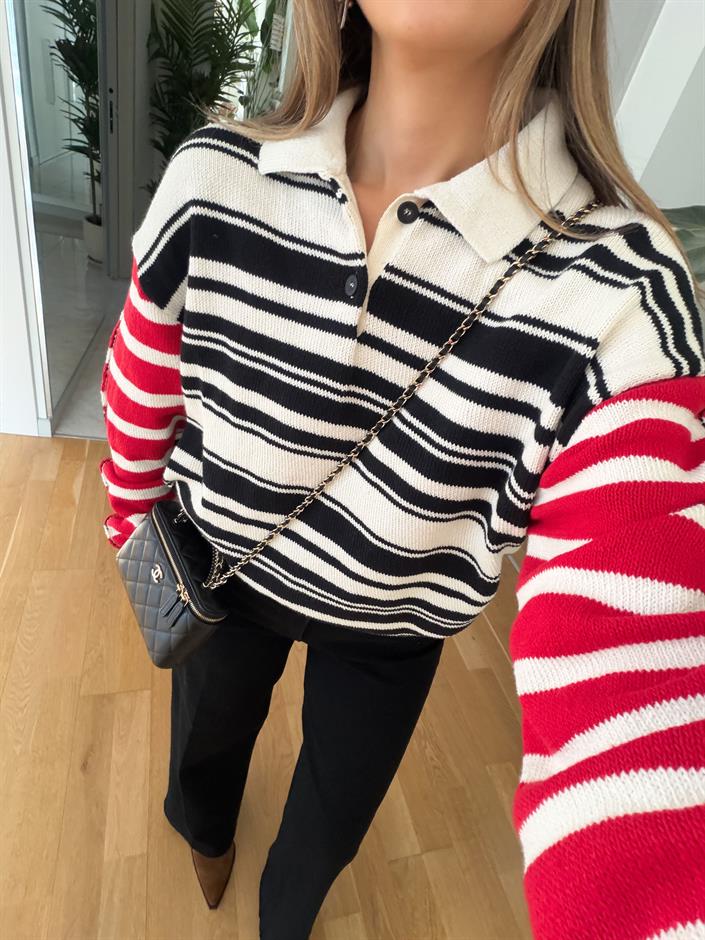 Polo Yaka Kolları Renk Geçişli Çizgili Triko 