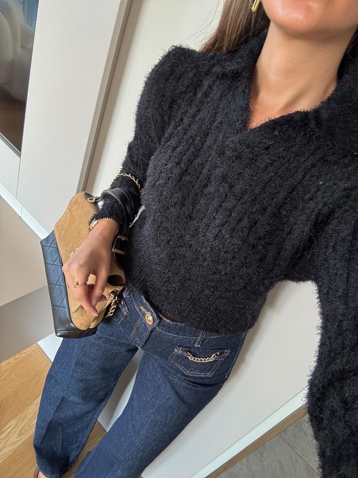 Polo Yaka Sakallı Saç Örgülü Triko - Siyah