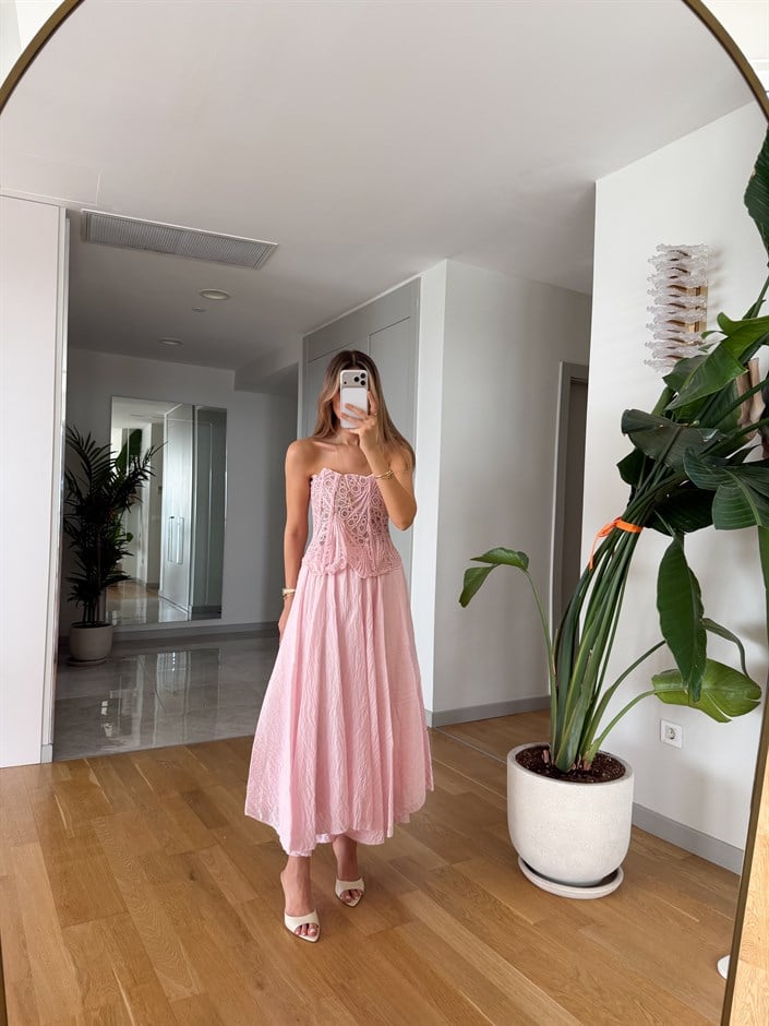 Ponni Buruşuk Midi Boy Etek - Pembe