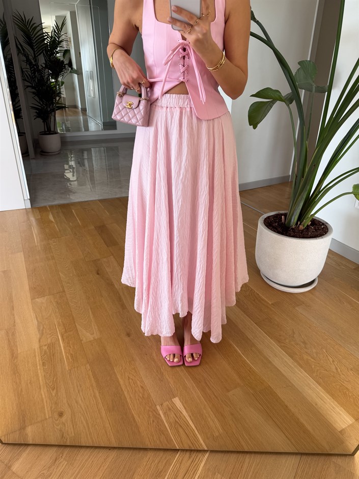 Ponni Buruşuk Midi Boy Etek - Pembe