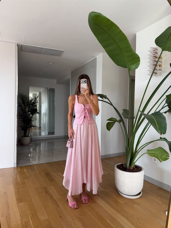 Ponni Buruşuk Midi Boy Etek - Pembe
