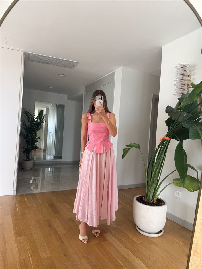 Ponni Buruşuk Midi Boy Etek - Pembe
