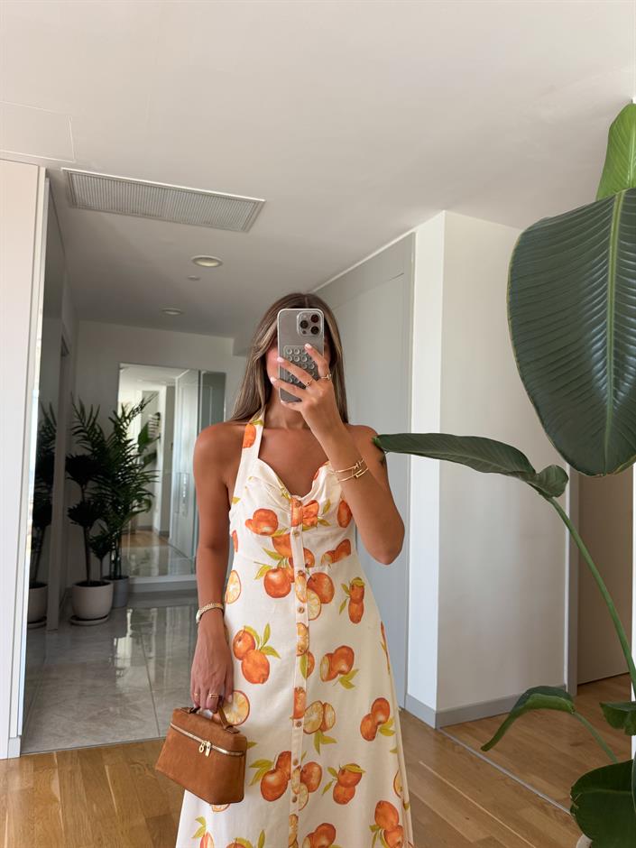 Portakal Desenli Düğmeli Elbise