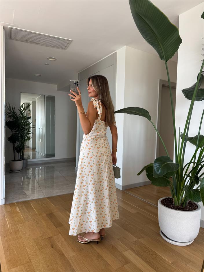 Portakal Desenli Omuz Bağlamalı Elbise 