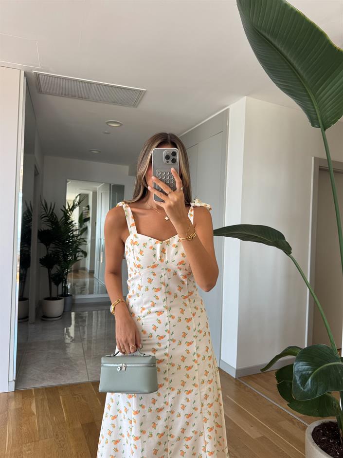 Portakal Desenli Omuz Bağlamalı Elbise 