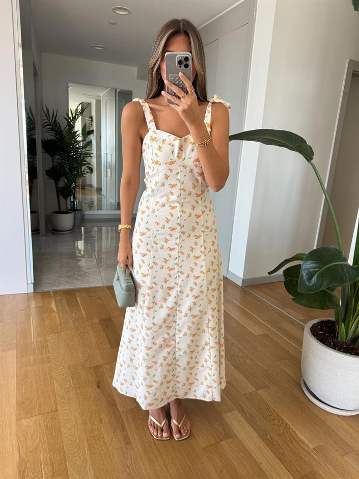 Portakal Desenli Omuz Bağlamalı Elbise 