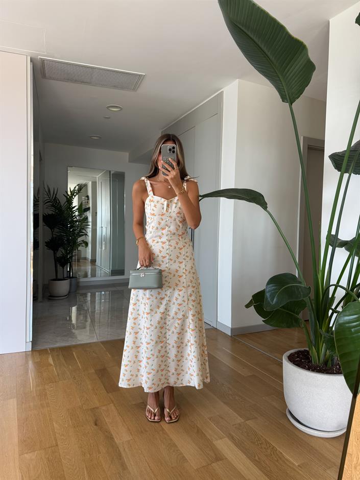 Portakal Desenli Omuz Bağlamalı Elbise 