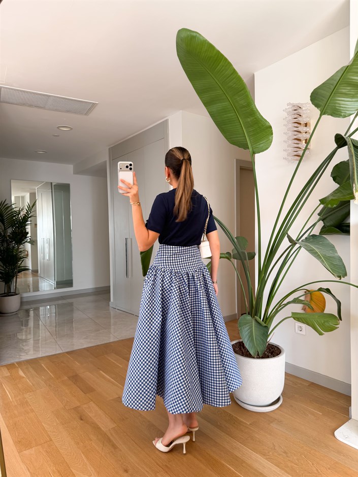 Pötikare Desenli Midi Etek - Mavi