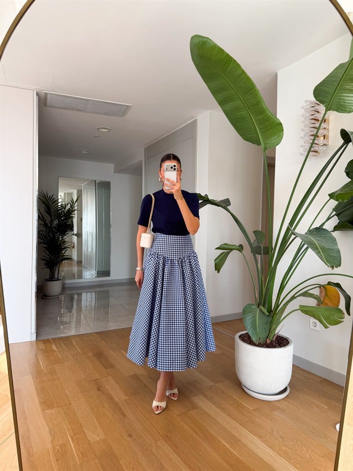 Pötikare Desenli Midi Etek - Mavi