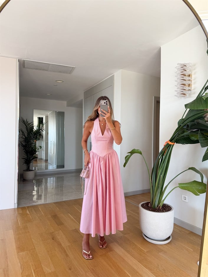 Pötikare Halter Yaka Elbise - Pembe