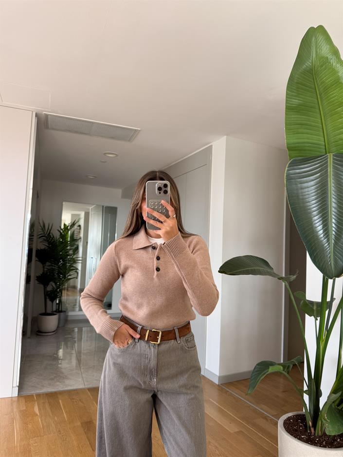 Premium Doku Polo Yaka Triko - Bej