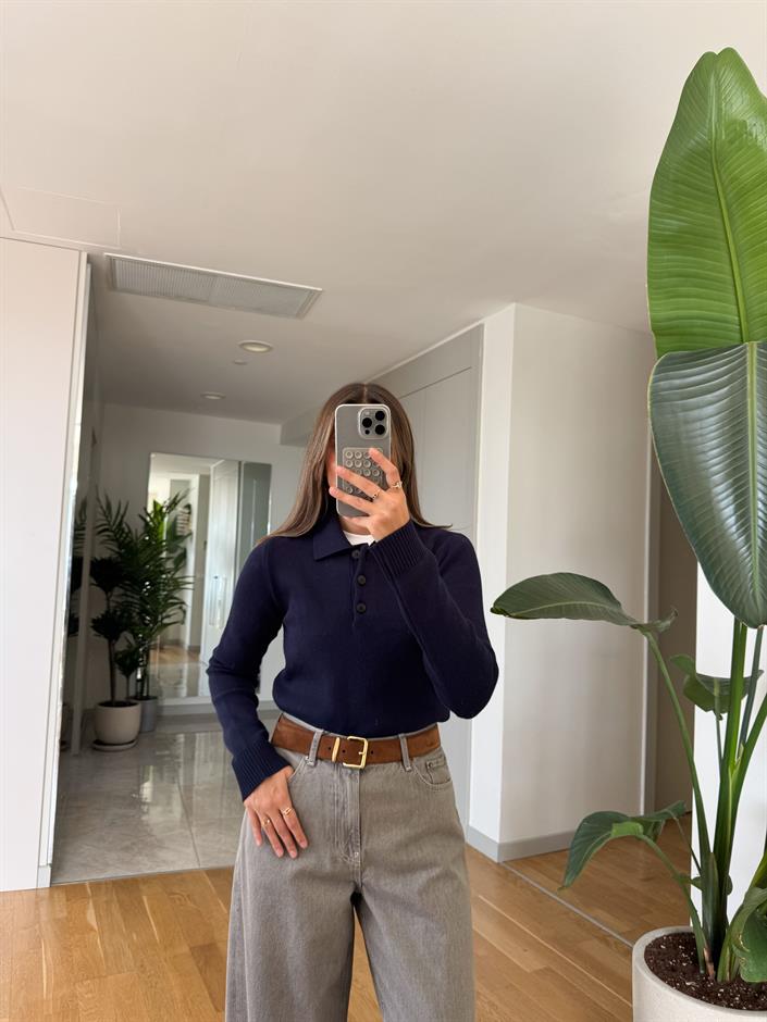 Premium Dokulu Polo Yaka Triko - Lacivert