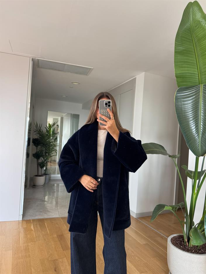 Premium Kuşaklı Cepli Kaban - Lacivert