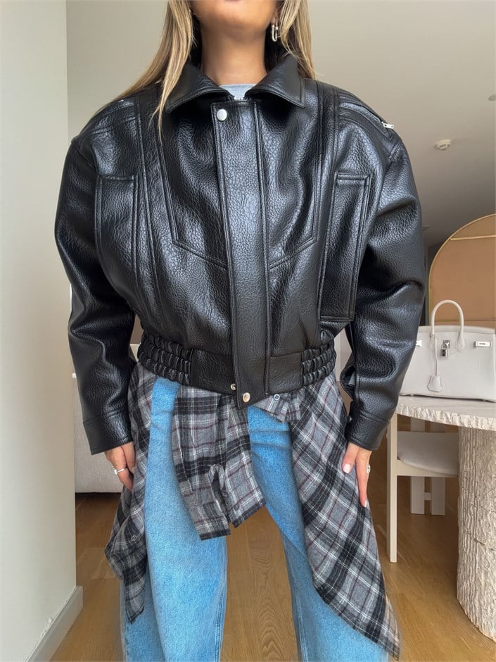 Premium Oversize Deri Ceket - Siyah