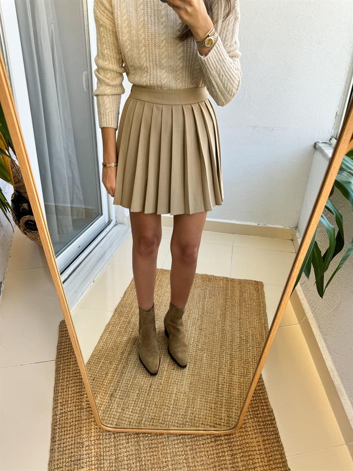 Premium Pileli Mini Etek-Bej