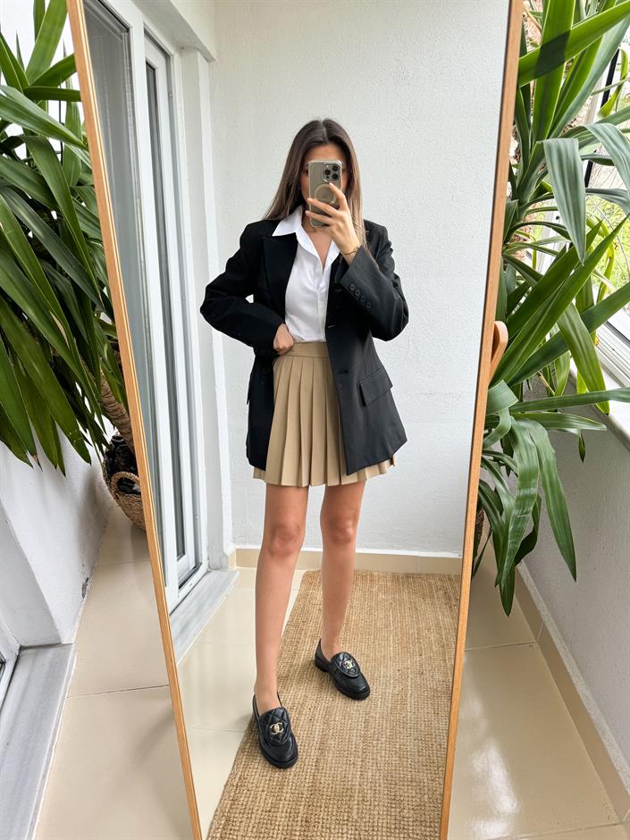 Premium Pileli Mini Etek-Bej