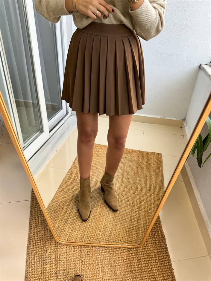 Premium Pileli Mini Etek-Kahve