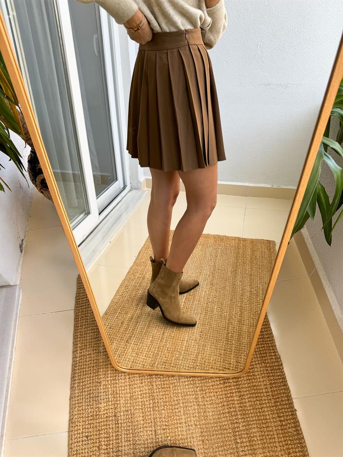 Premium Pileli Mini Etek-Kahve