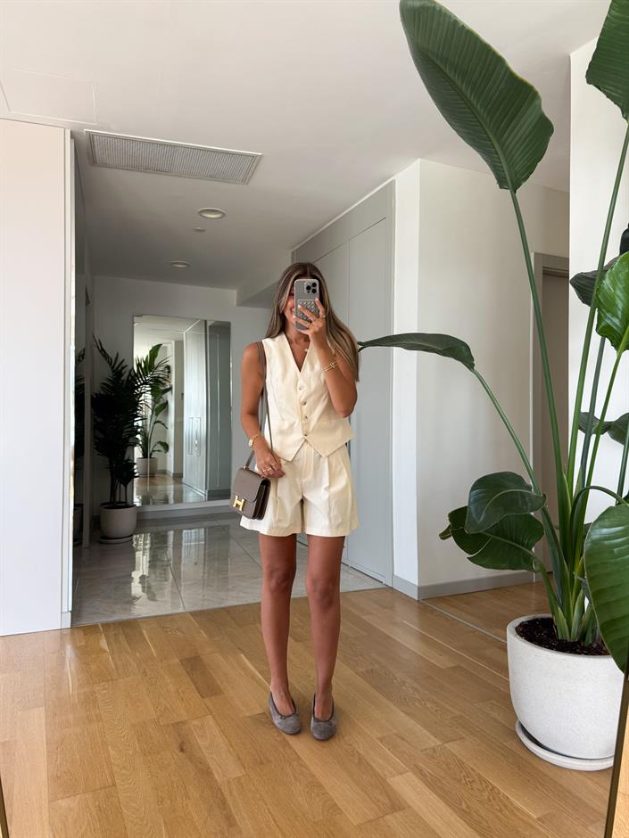 Premium Şort Yelek Takım - Ekru