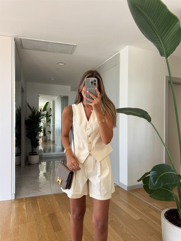 Premium Şort Yelek Takım - Ekru