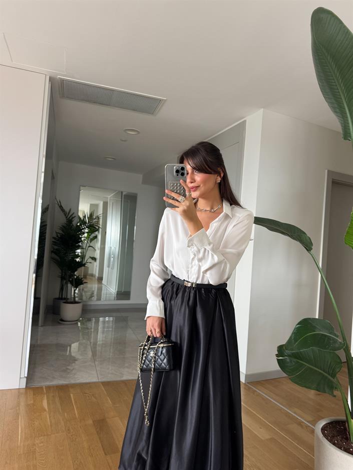 Premium Vatkalı Saten Gömlek- Ekru