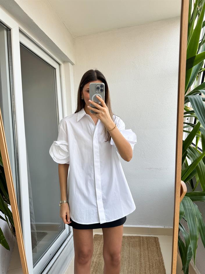 Premium Yarım Kol Güllü Gömlek- Beyaz