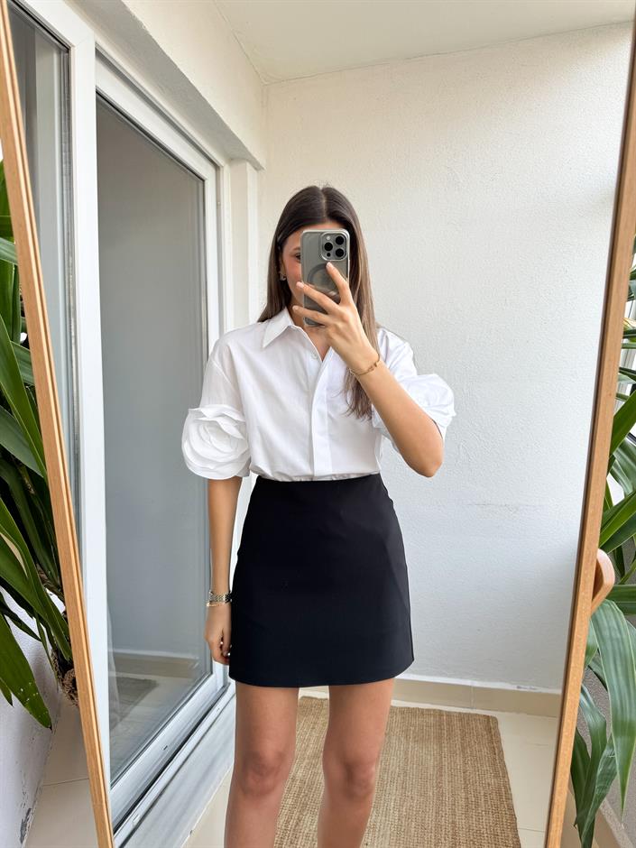 Premium Yarım Kol Güllü Gömlek- Beyaz