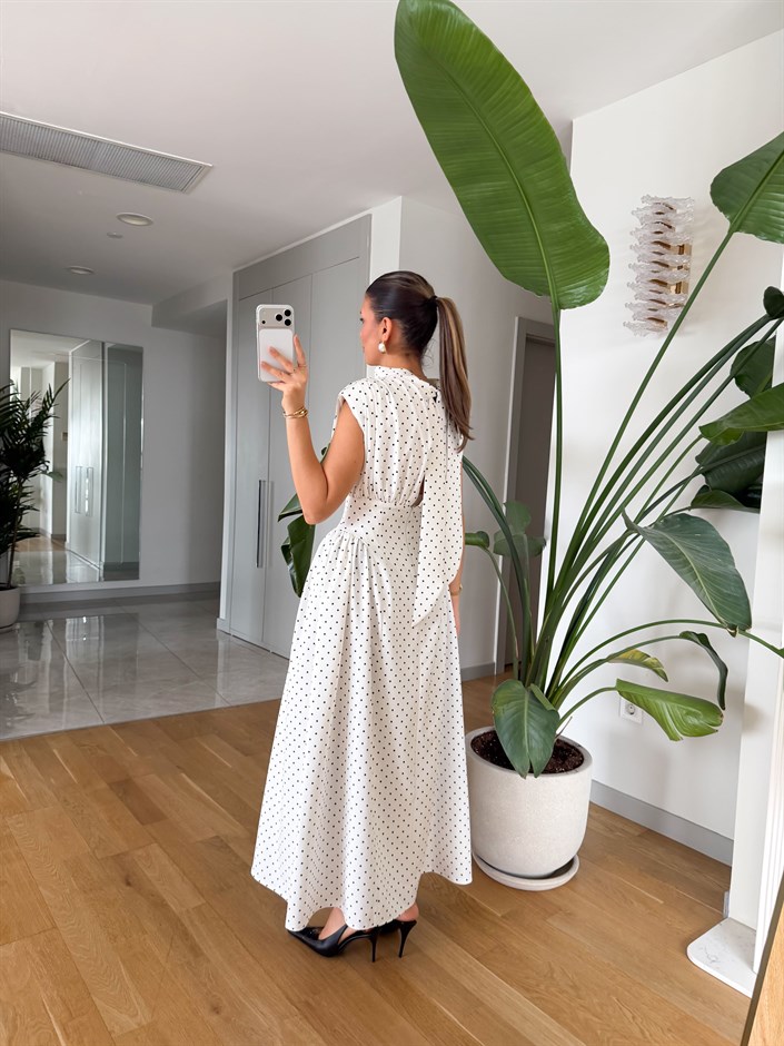 Puantiyeli Belden Oturmalı Elbise - Ekru